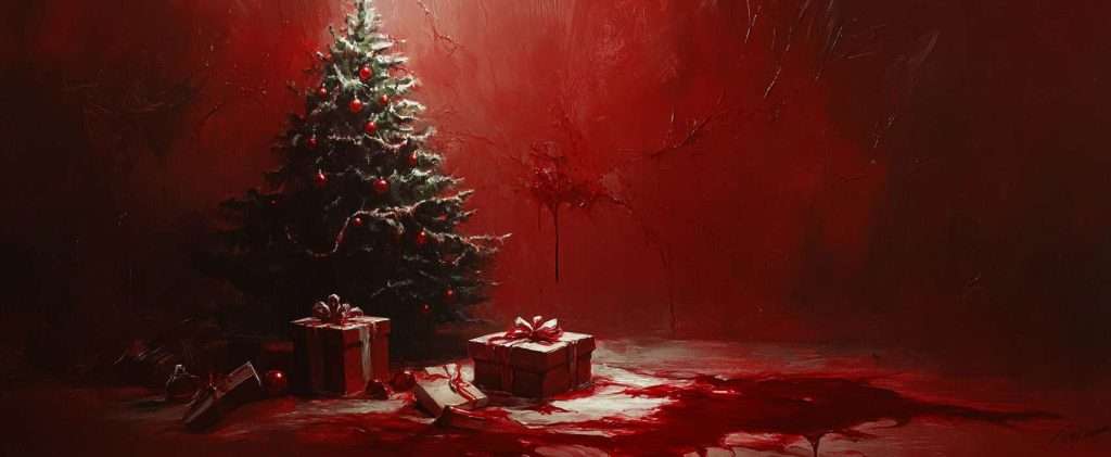 A Christmas tree with decorations stands beside wrapped presents on a floor splattered with red liquid, against a red-toned backdrop.