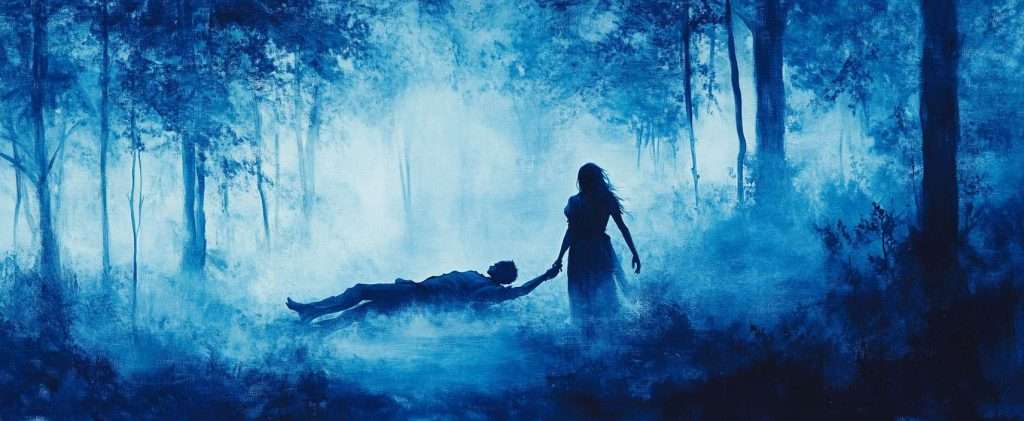 A silhouetted figure stands in a misty, blue-toned forest, holding the hand of a person lying on the ground amid tall trees and foliage.
