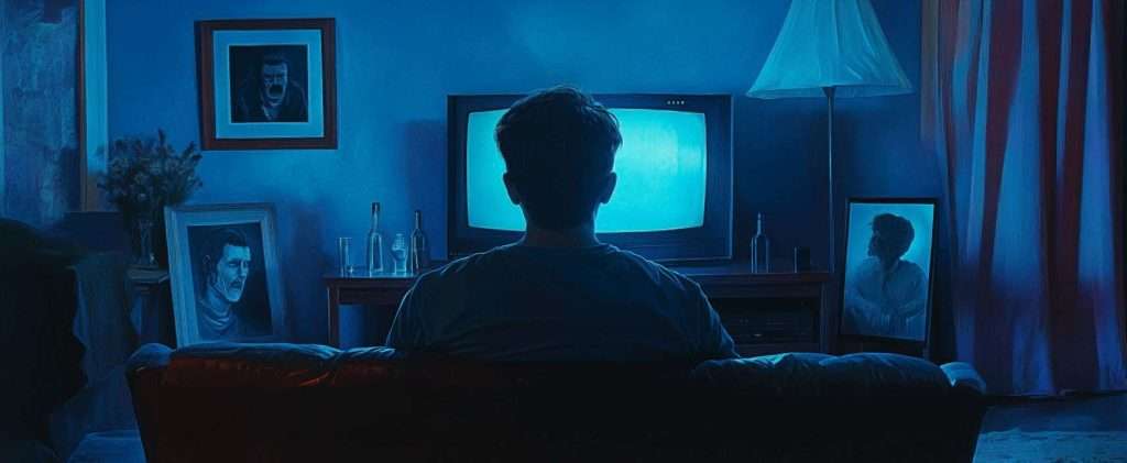 A person sits on a couch facing a glowing TV in a dimly lit room, surrounded by framed photos and bottles on the table and floor.