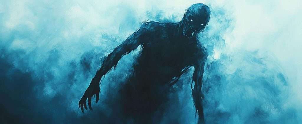 A dark, shadowy humanoid figure with glowing eyes stands against a misty blue background, partially obscured by swirling fog.