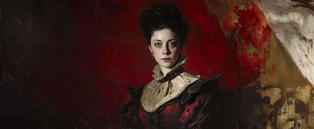 A painted portrait of a woman in a high-collared, ruffled dress with dark hair in an updo, set against a dramatic red and brown background.