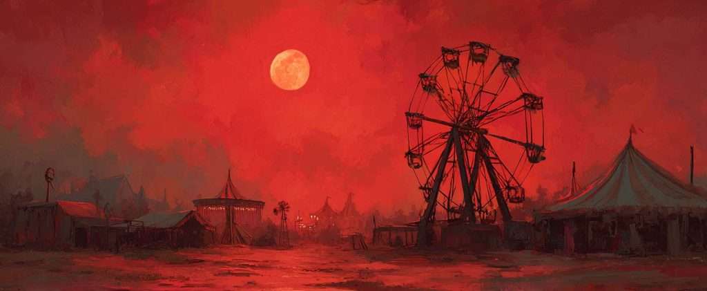A Ferris wheel and circus tents under a red sky with a full moon, creating an eerie, deserted carnival atmosphere.
