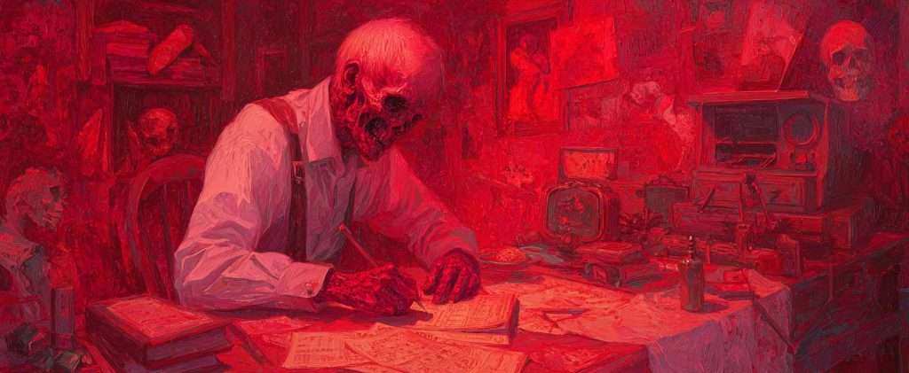A skeleton in a white shirt sits at a cluttered desk, writing on papers in a red-lit room filled with books, skulls, and vintage objects.