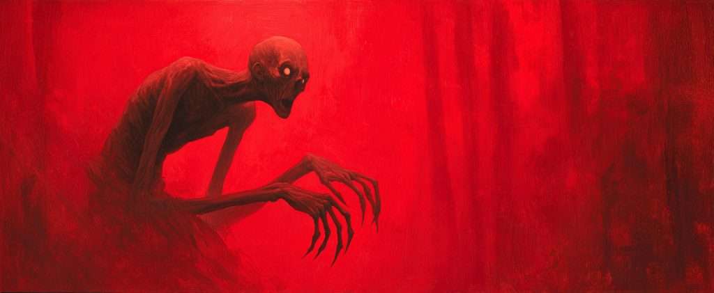Emaciated humanoid creature with long claws and glowing eyes crouches in a red, foggy forest.