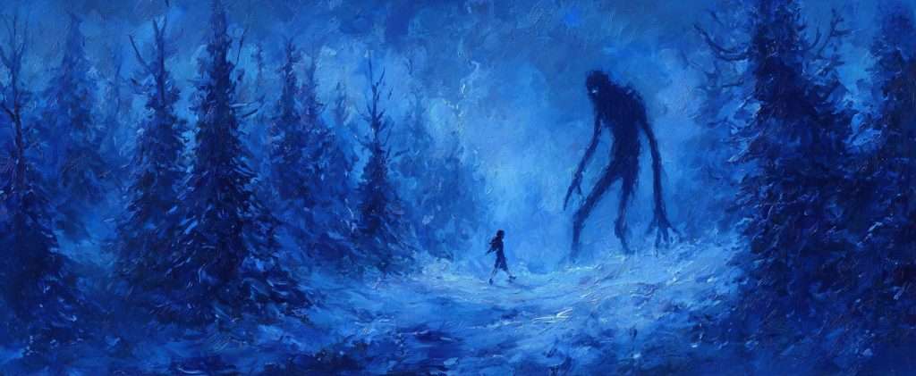 A person walks through a snowy, blue-tinted forest while a large, shadowy creature with long limbs lurks among the trees.