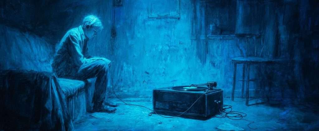 A person sits on a sofa in a dimly lit, blue-toned room, looking down, with a record player on the floor in front of them.