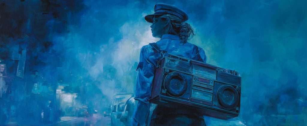 A person in a police uniform stands on a city street at night, carrying a large boombox on their shoulder; the scene is depicted in blue tones.