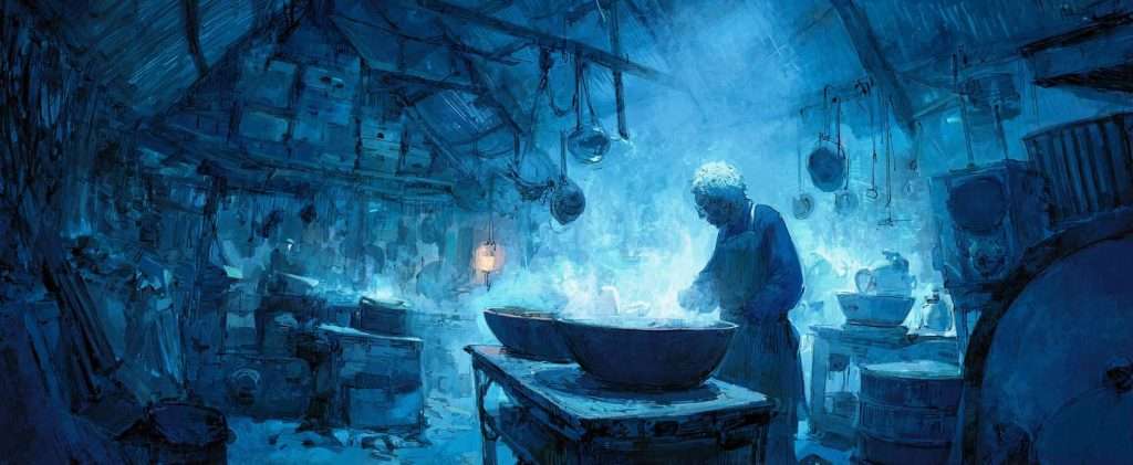 A person stands in a dimly lit, cluttered kitchen with blue lighting, cooking at a table with large bowls. Pots and utensils hang from the ceiling and walls.