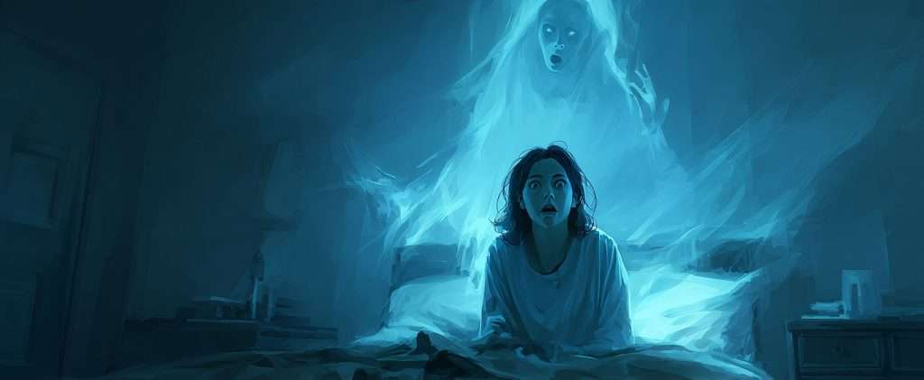 A frightened woman sits upright in bed as a ghostly, translucent figure rises behind her in a dim, blue-lit bedroom.