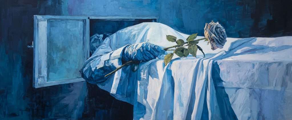 A figure in blue medical attire holds a wilted rose, partially emerging from a small open door onto a bed covered with white sheets in a dimly lit, monochromatic blue room.