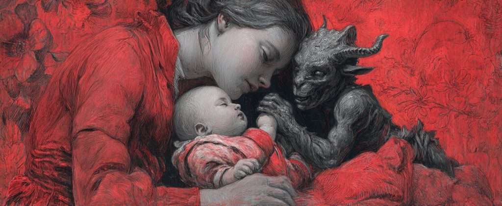 A woman in red lies beside a sleeping baby and a small horned creature, all set against a red floral background.
