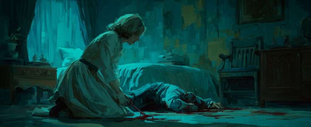 A woman kneels beside a person lying face down on the floor in a dimly lit bedroom, with blood pooling on the ground.