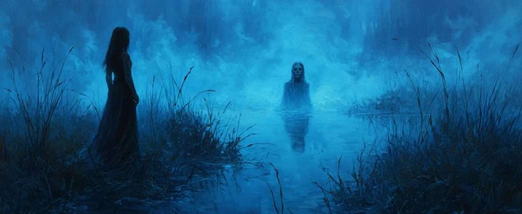 A woman stands by a misty, blue-lit pond while a ghostly figure emerges from the water, surrounded by tall grass and fog.