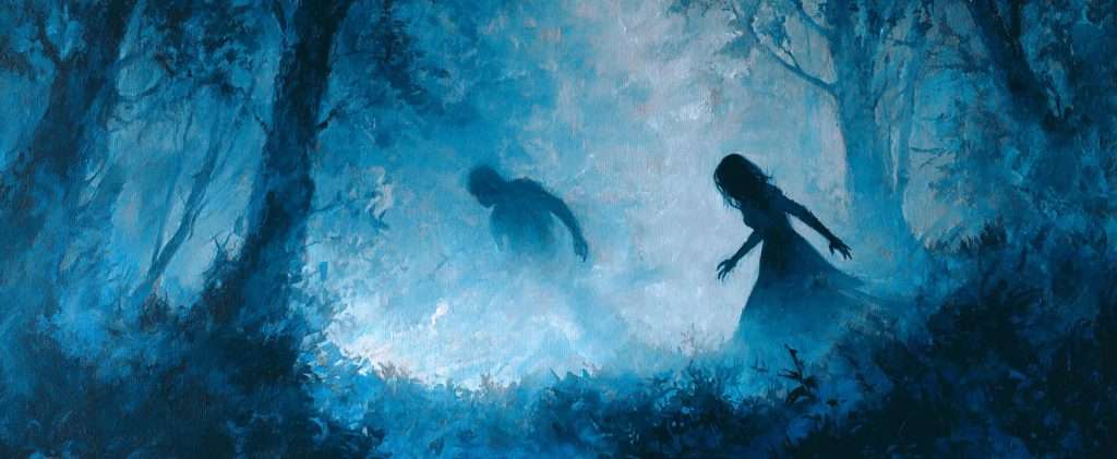A mysterious scene in blue tones shows a shadowy figure approaching a woman in a flowing dress in a misty forest.