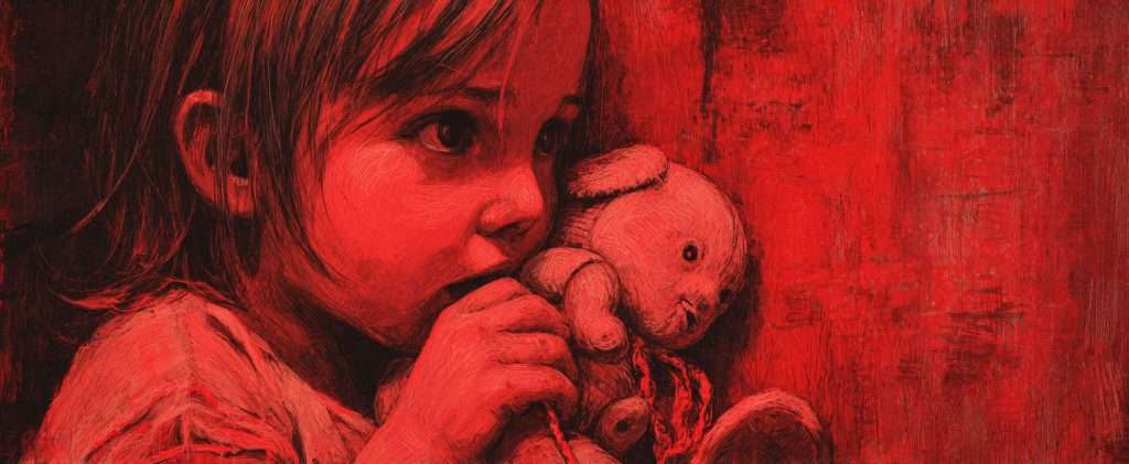 A young child holding a stuffed animal close, gazing to the side, depicted in red-toned, textured artwork.