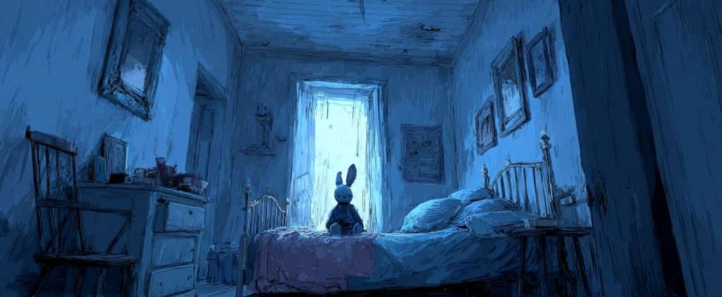 A stuffed rabbit sits upright on a bed in a dimly lit, blue-toned bedroom with old furniture and framed pictures on the walls.