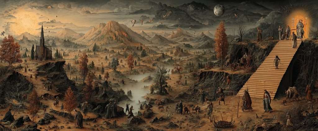 A surreal, detailed landscape with barren trees, mountains, a river, a church, and people engaged in various activities; a staircase leads to glowing, haloed figures on the right.