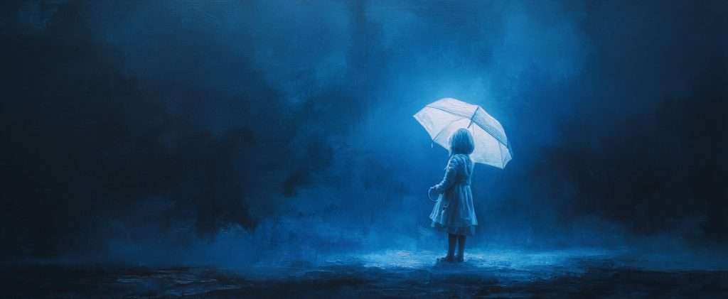 A child holding a white umbrella stands alone in a misty, blue-lit environment.