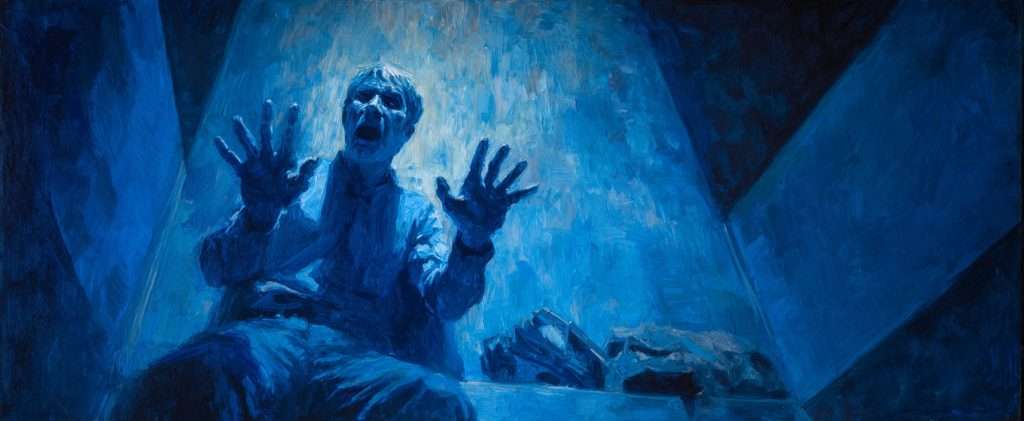 A person sits on a bench, illuminated by blue light, with an expression of fear or shock, holding their hands up defensively.