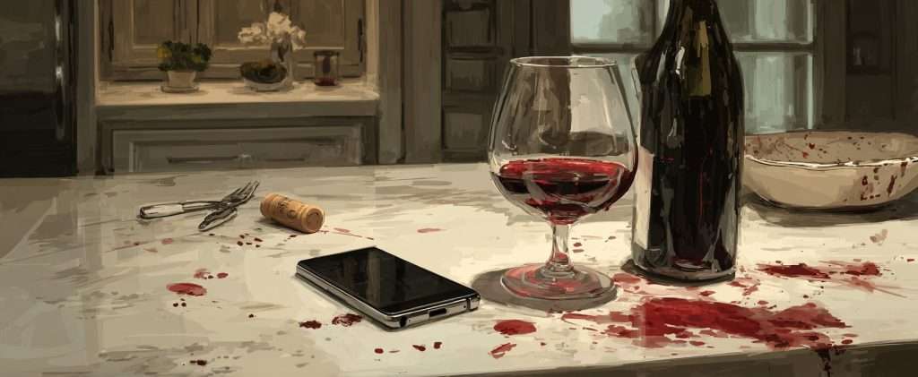 A wine glass and bottle sit on a kitchen counter with spilled red wine, a cork, a corkscrew, and a smartphone.