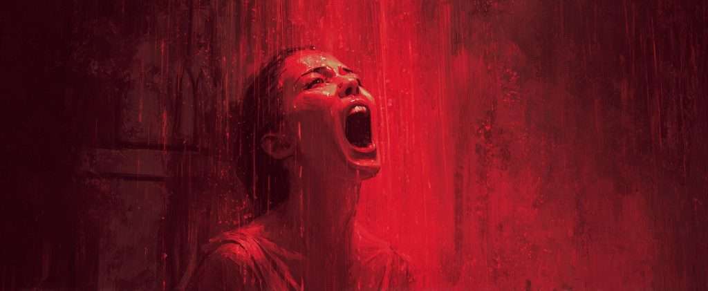 A person stands with mouth wide open, appearing to scream or shout, bathed in intense red light and streaks resembling paint or liquid.