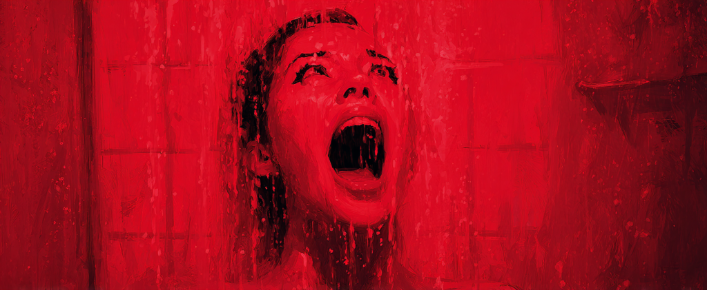 A person stands under a shower, mouth open wide in a scream, with water and red lighting filling the scene.