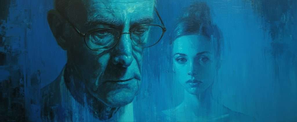 A painting in blue tones shows an older man with glasses in the foreground and a young woman with her hair up in the background, both facing forward with serious expressions.