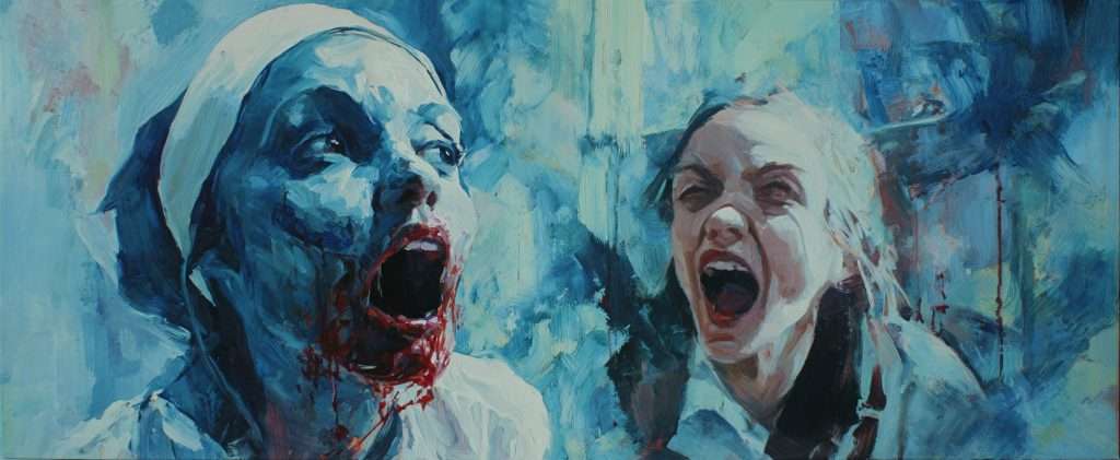 A painting of two women with mouths open in apparent screams; one has a bloodied mouth, the other appears distressed. The background is rendered in expressive blue brushstrokes.