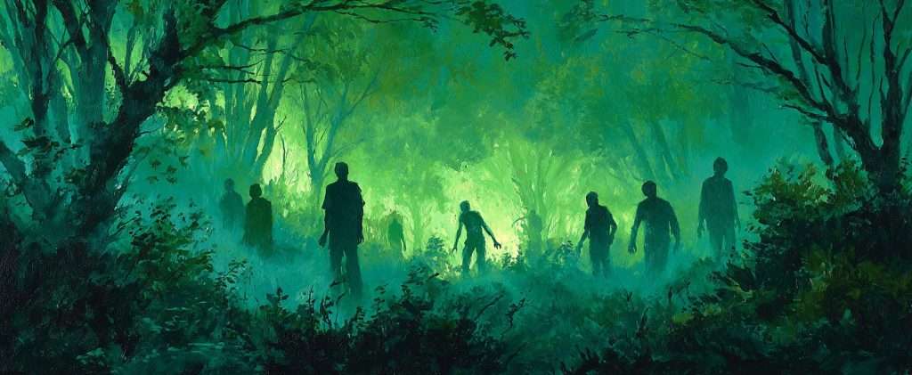 Silhouettes of figures stand in a misty, green-lit forest clearing, surrounded by dense trees and foliage.