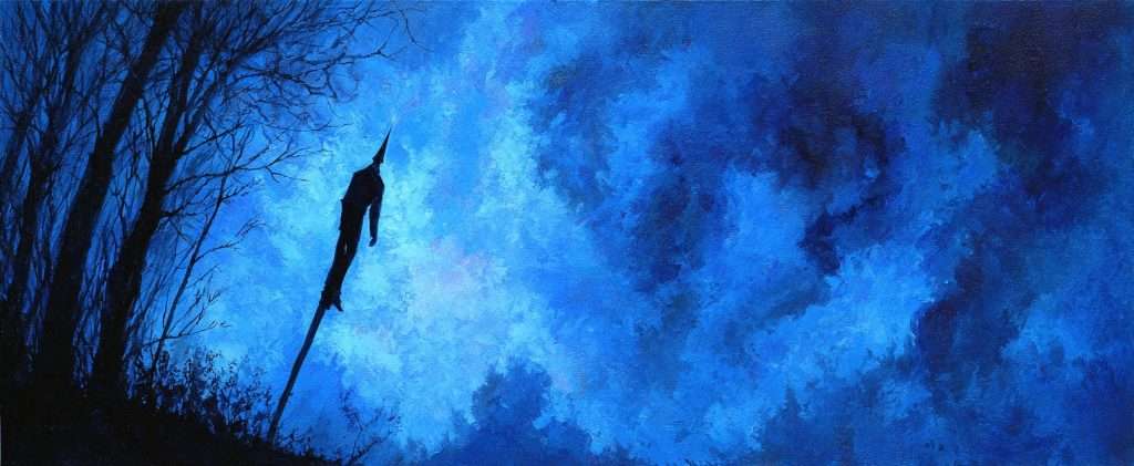 A silhouette of a person is impaled on a spear among bare trees, with a textured blue night sky filling the background.