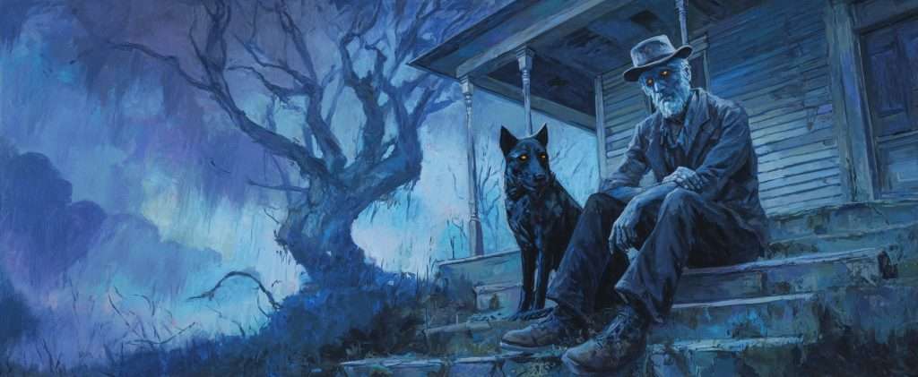 A man with glowing eyes and a dog with glowing eyes sit on the steps of an old wooden house at night; a twisted tree stands in the background under a blue, eerie sky.