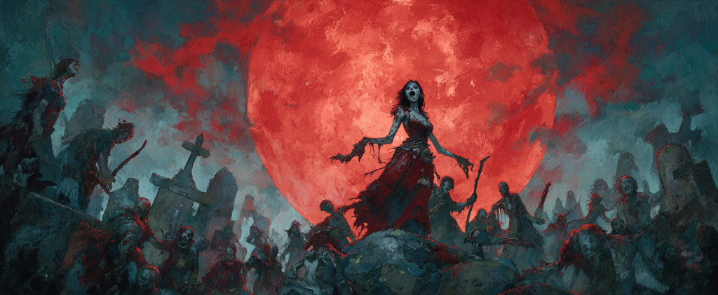 A woman in tattered clothes stands before a crowd of undead in a graveyard under a large, red full moon.