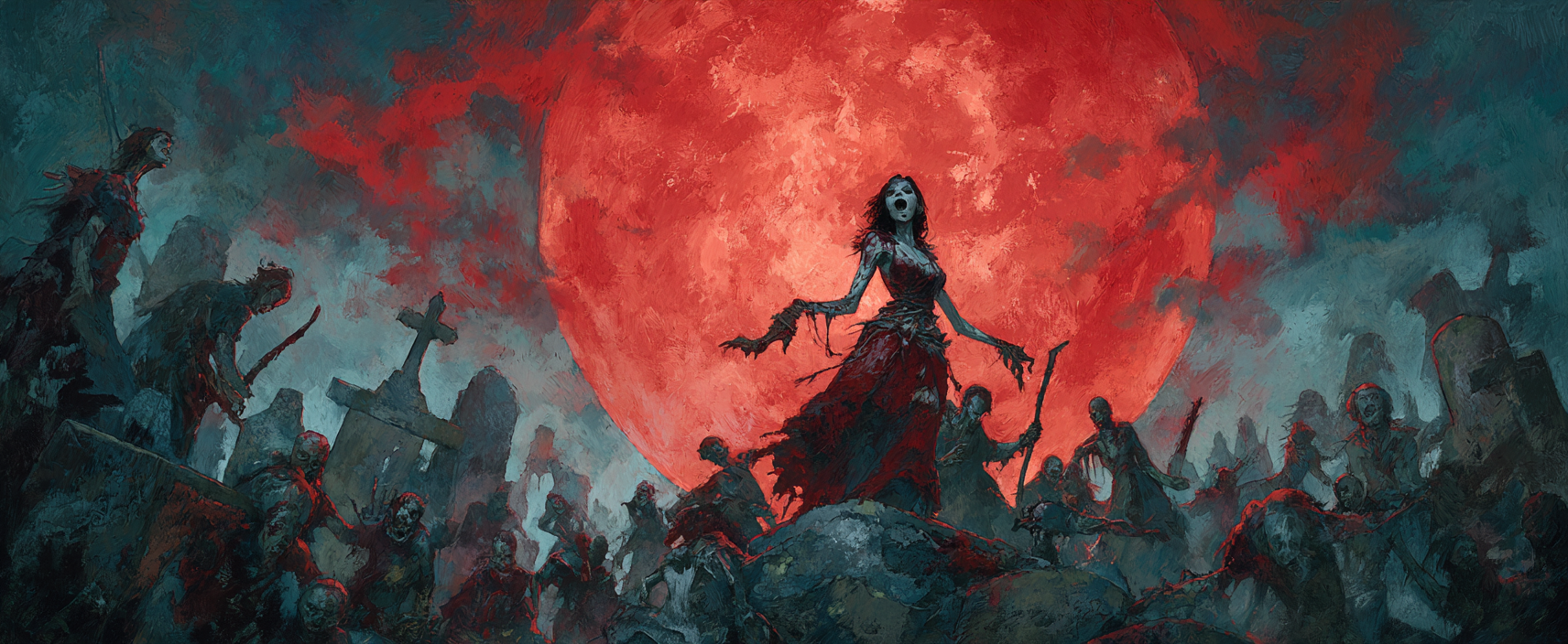 A woman in tattered clothes stands before a crowd of undead in a graveyard under a large, red full moon.