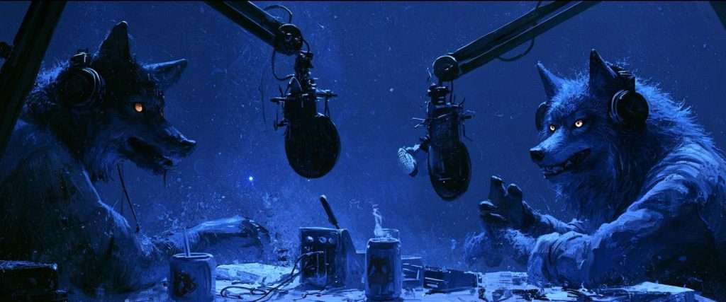 Two wolves wearing headphones sit at a table with microphones, cans, and audio equipment, recording a podcast in a dark, blue-lit room.